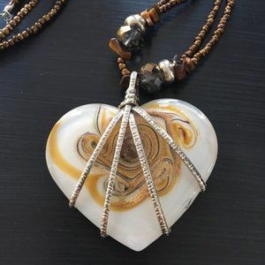 GLASS Heart Necklace With Copper Seed Beads